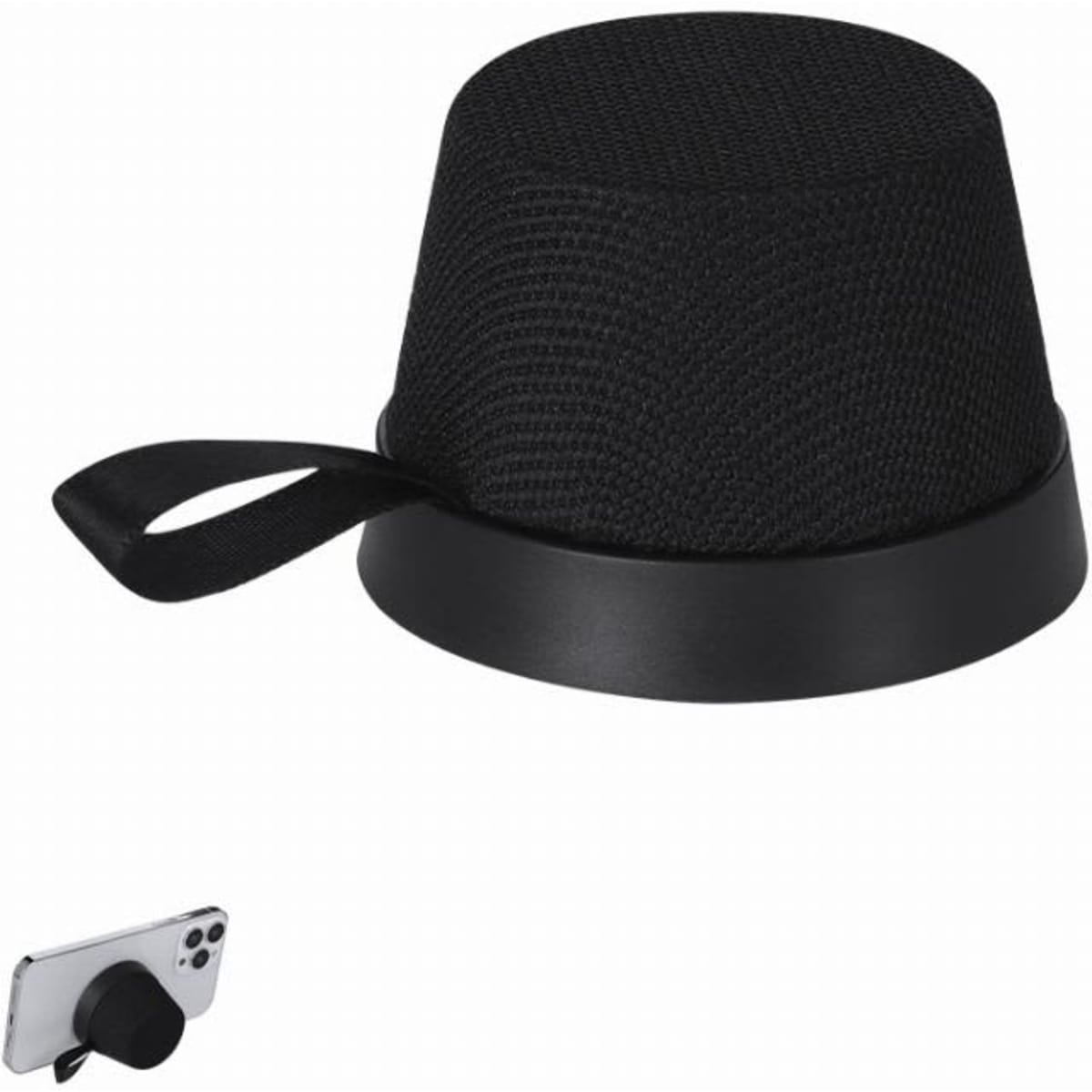 A black mesh hat with a round base and a handle, placed next to a smartphone with a pop socket.