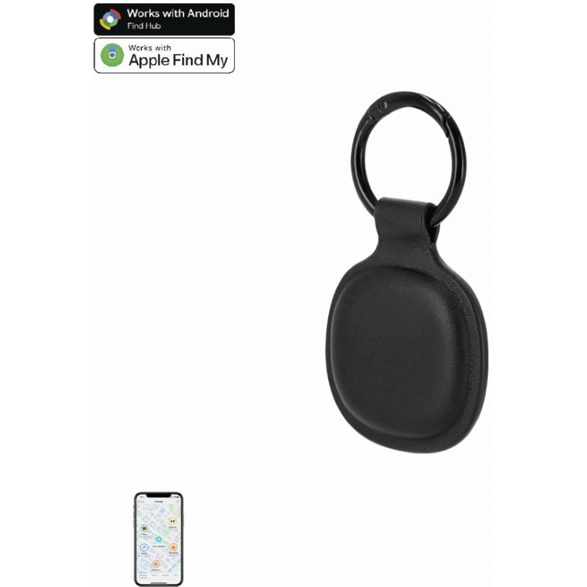 A black tracking device with a keyring attachment, designed for locating items using a smartphone app.