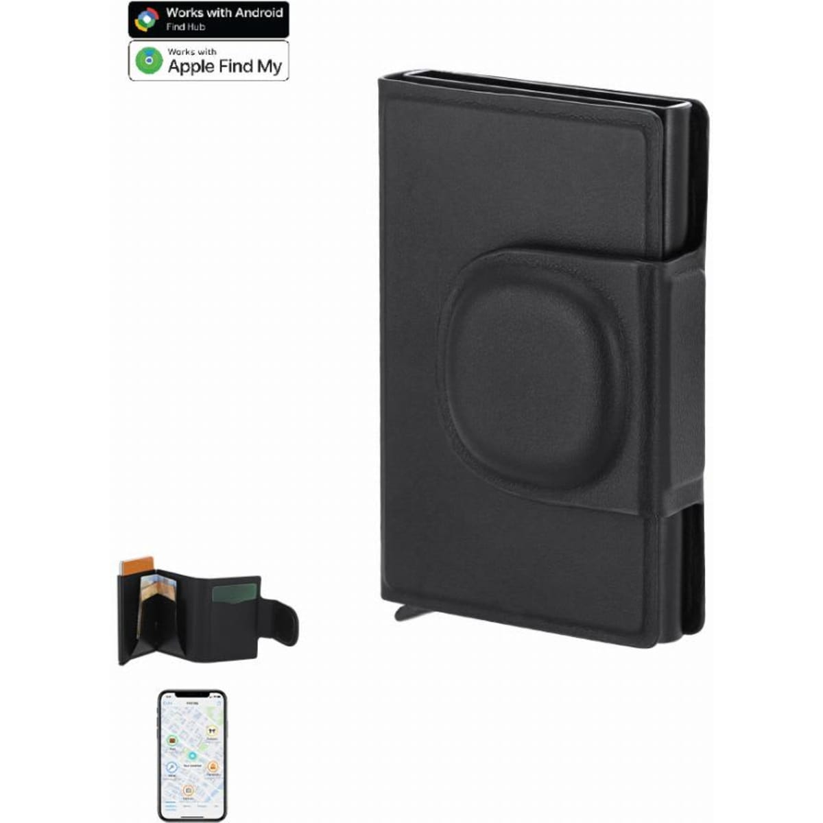 A wallet in black featuring an embedded tracking device, shown closed and partially open with cards inside.
