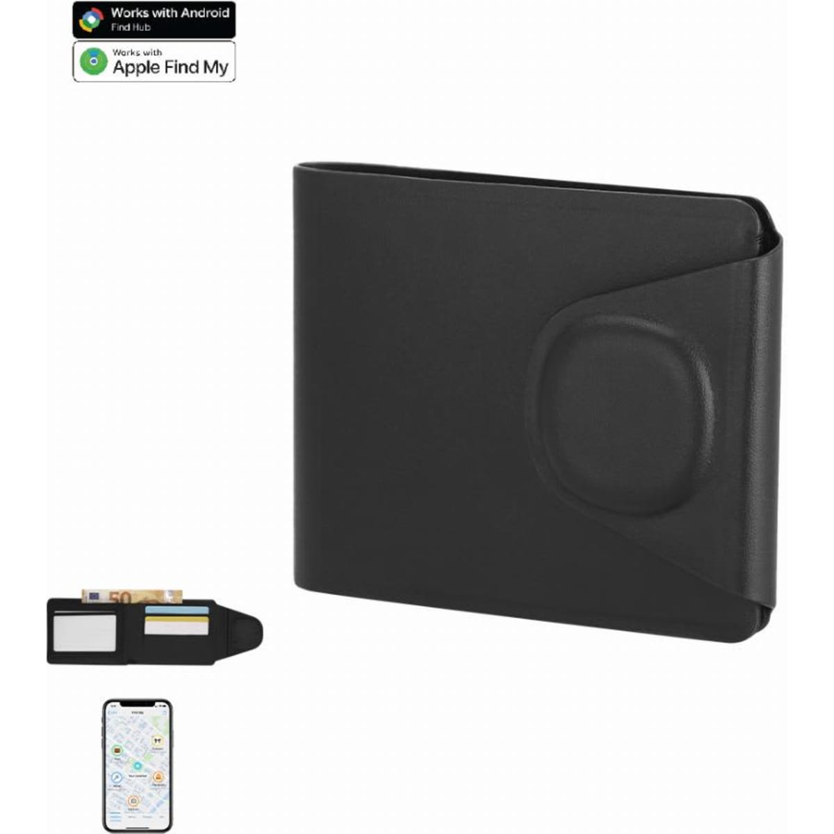 A black wallet featuring a design with an embedded tracking device, alongside a placeholder for cash and a phone.