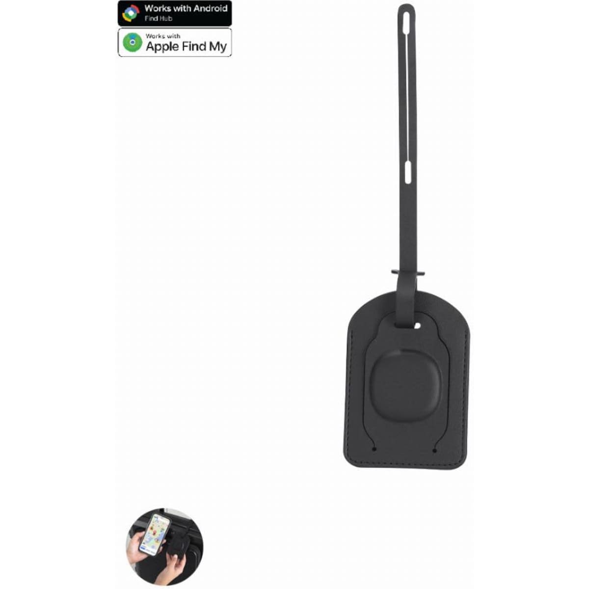 A black tracking device with a loop for attaching. Features a circular button in the centre and a brand logo.