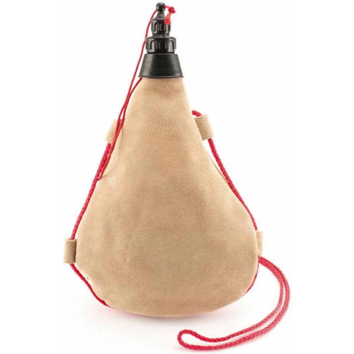 A drink bottle in a tan colour with a black lid and red cord for carrying. It has a unique pear shape and branding.