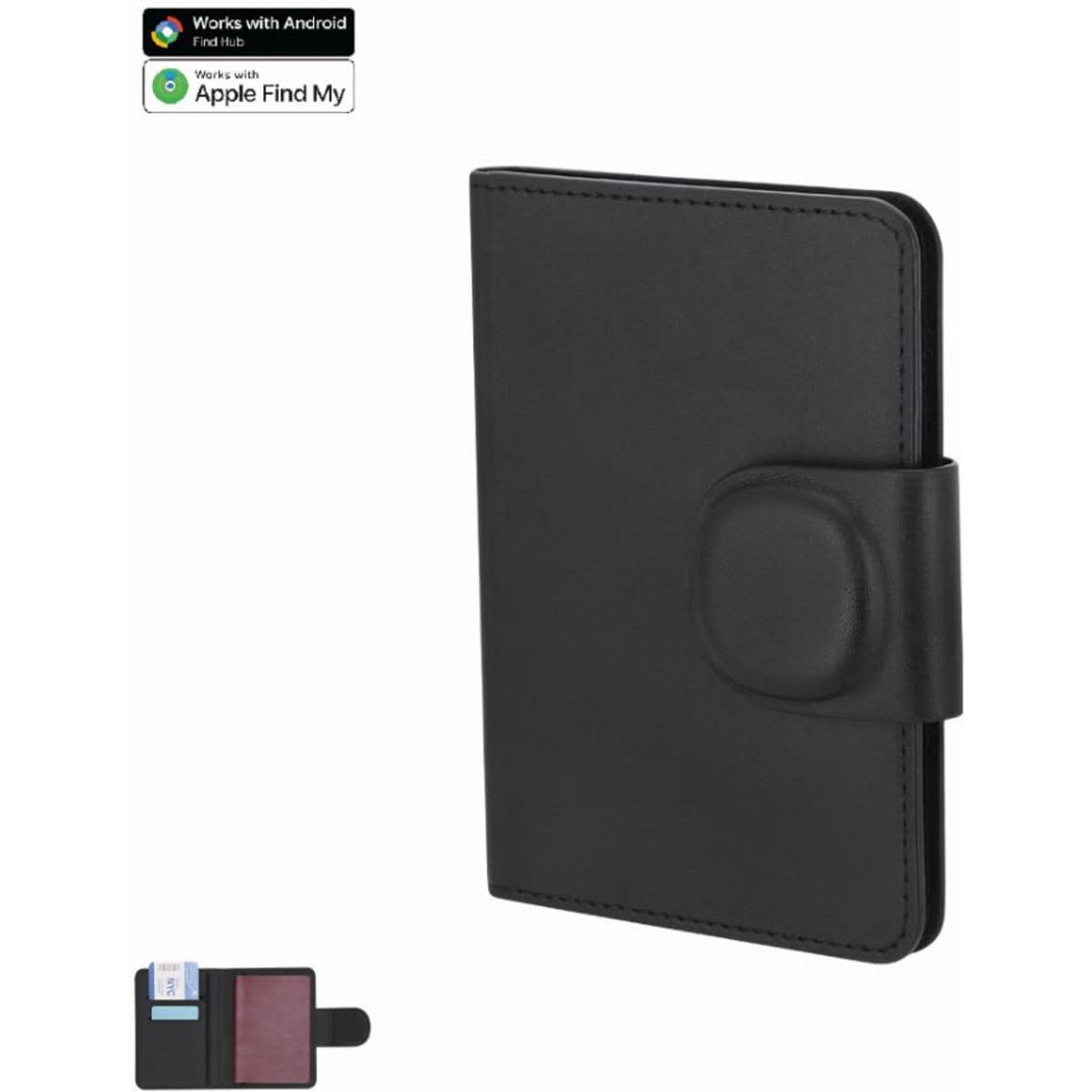 A black phone wallet case with a magnetic closure and an inner pocket for cards. It features a logo on the front.