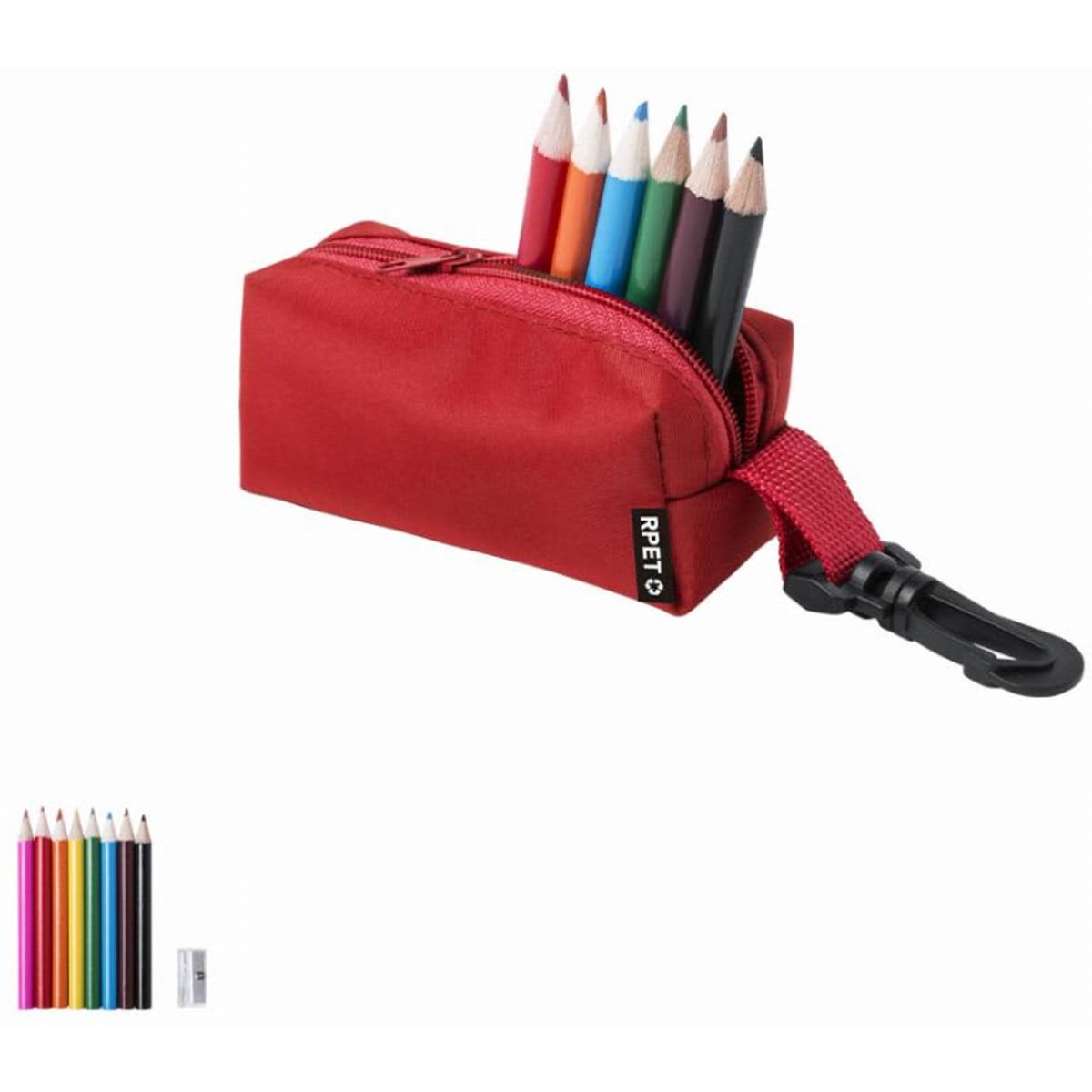 A red pencil case holds coloured pencils, featuring various hues, and has a logo on one side.
