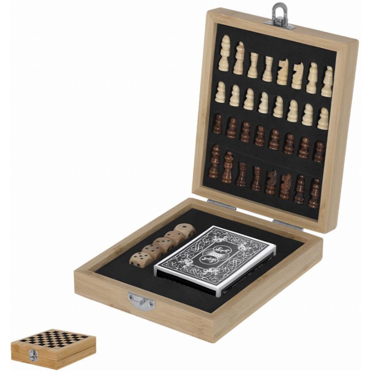 A wooden game box featuring chess pieces, dice, and a deck of playing cards, with a natural finish.