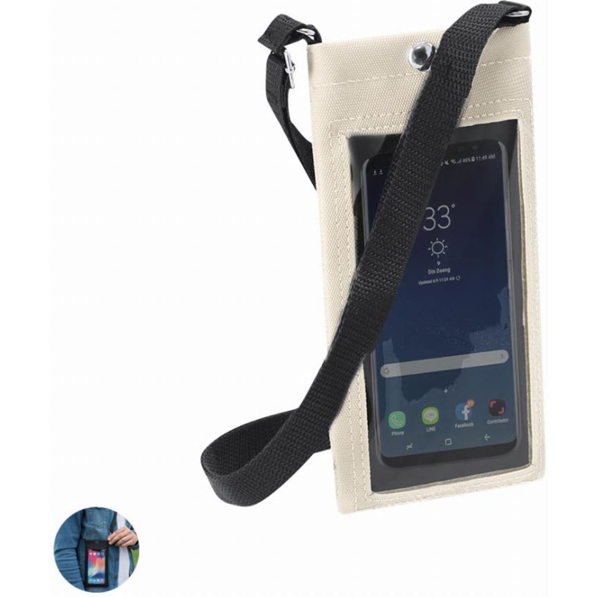A phone pouch with a clear front and a black strap, designed to hold a smartphone securely. The pouch is beige.