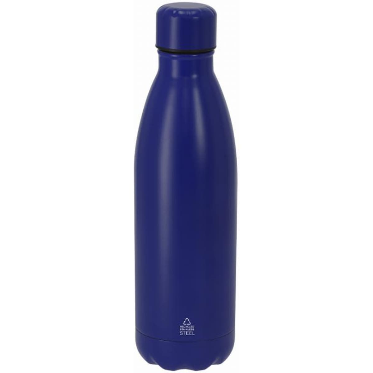 A drink bottle in a deep blue colour with a sleek design and a visible logo near the bottom.