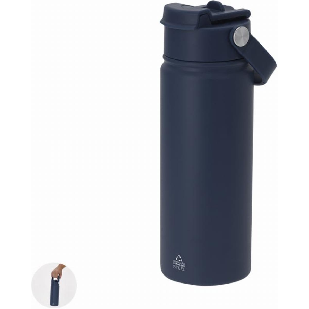 A drink bottle in navy blue stainless steel with a flip-top lid and a secure latch. Features a logo on the base.