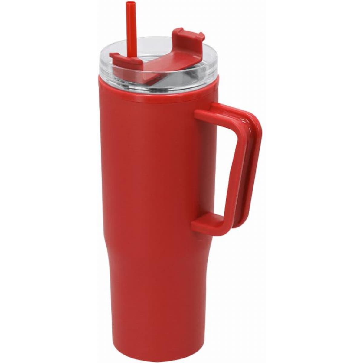 A drink bottle in vibrant red with a clear lid, a straw, and a sturdy handle. It features a logo.