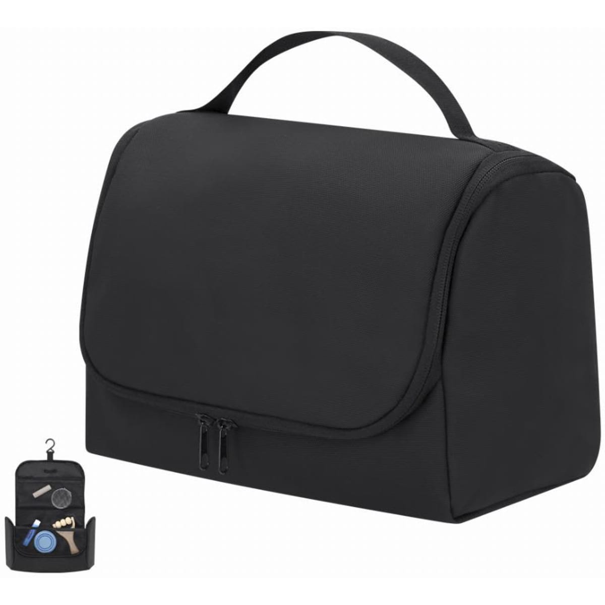 A black toiletry bag featuring a front flap and a handle, with a smaller accessory pocket shown alongside.