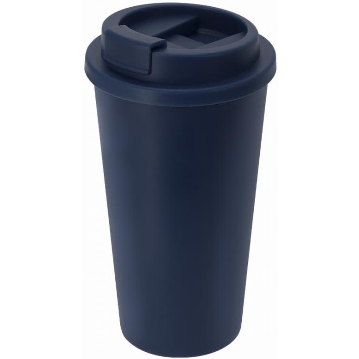 A drink bottle in navy blue with a secure lid, featuring a sleek, minimalist design. It has a branding logo.
