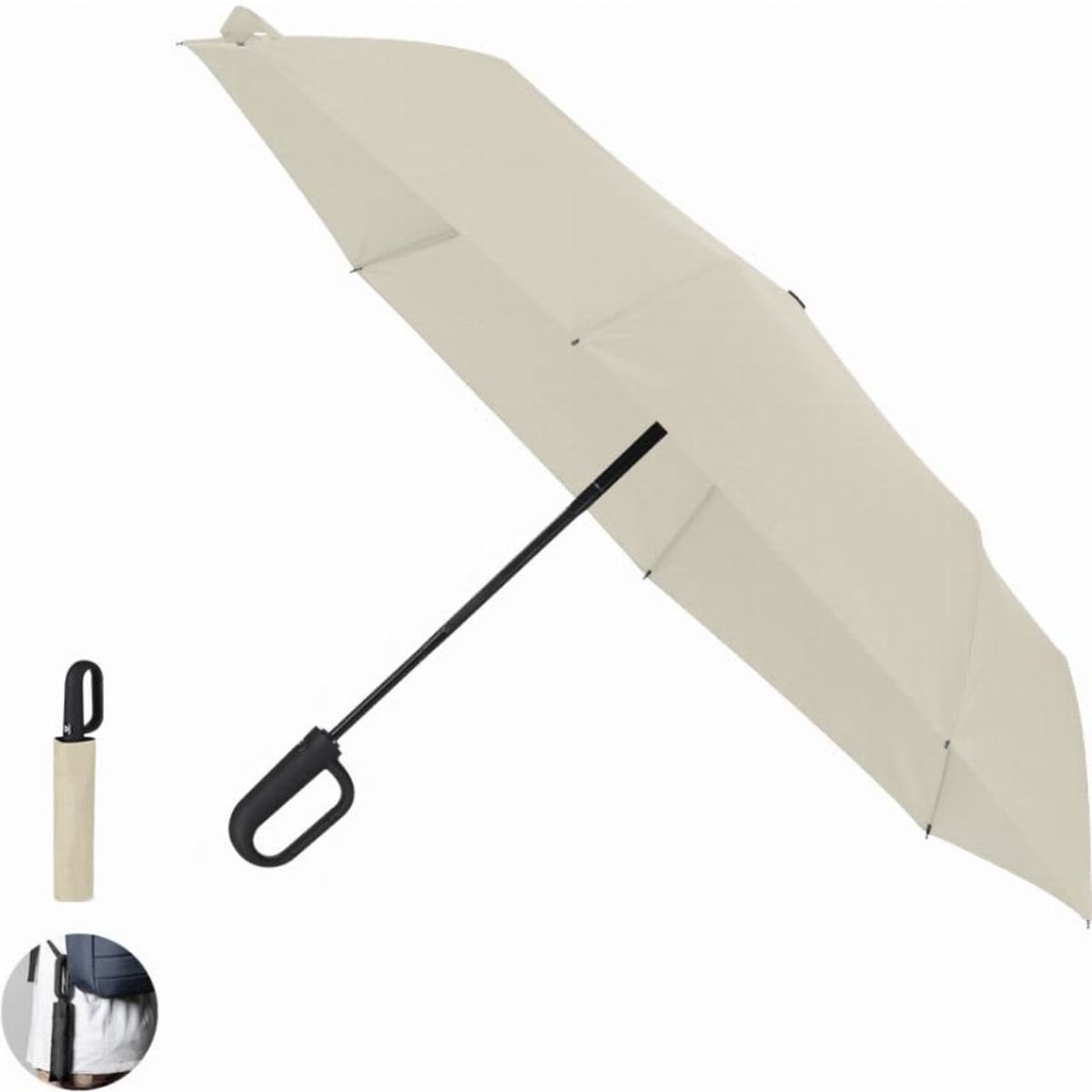 A cream umbrella with a black handle, displayed both open and folded. It features a logo on the handle.