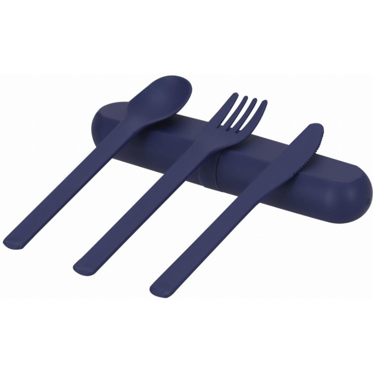 A cutlery set featuring a spoon, fork, and knife in navy blue, housed in a matching case with a logo.