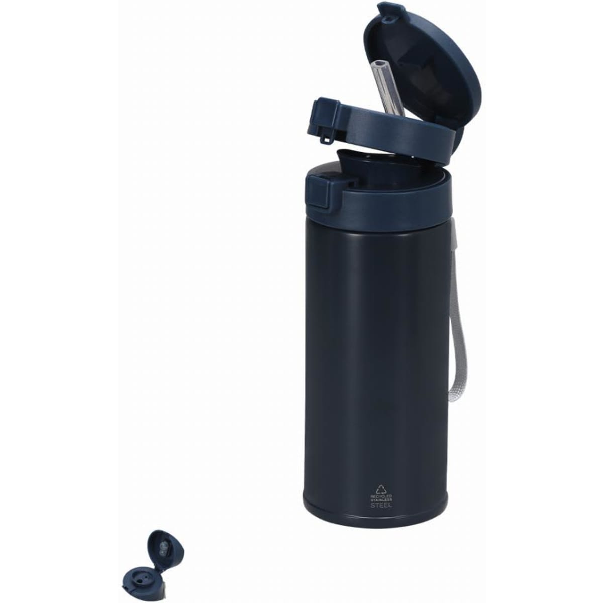 A drink bottle in navy blue with a flip-top lid and built-in straw, featuring a removable cap.