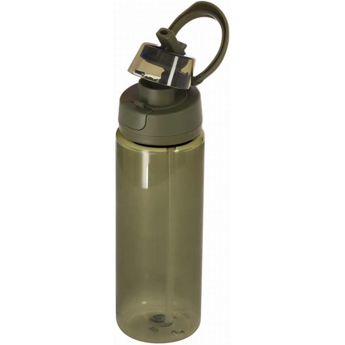 A drink bottle in olive green with a transparent body and a looped cap for easy carrying.