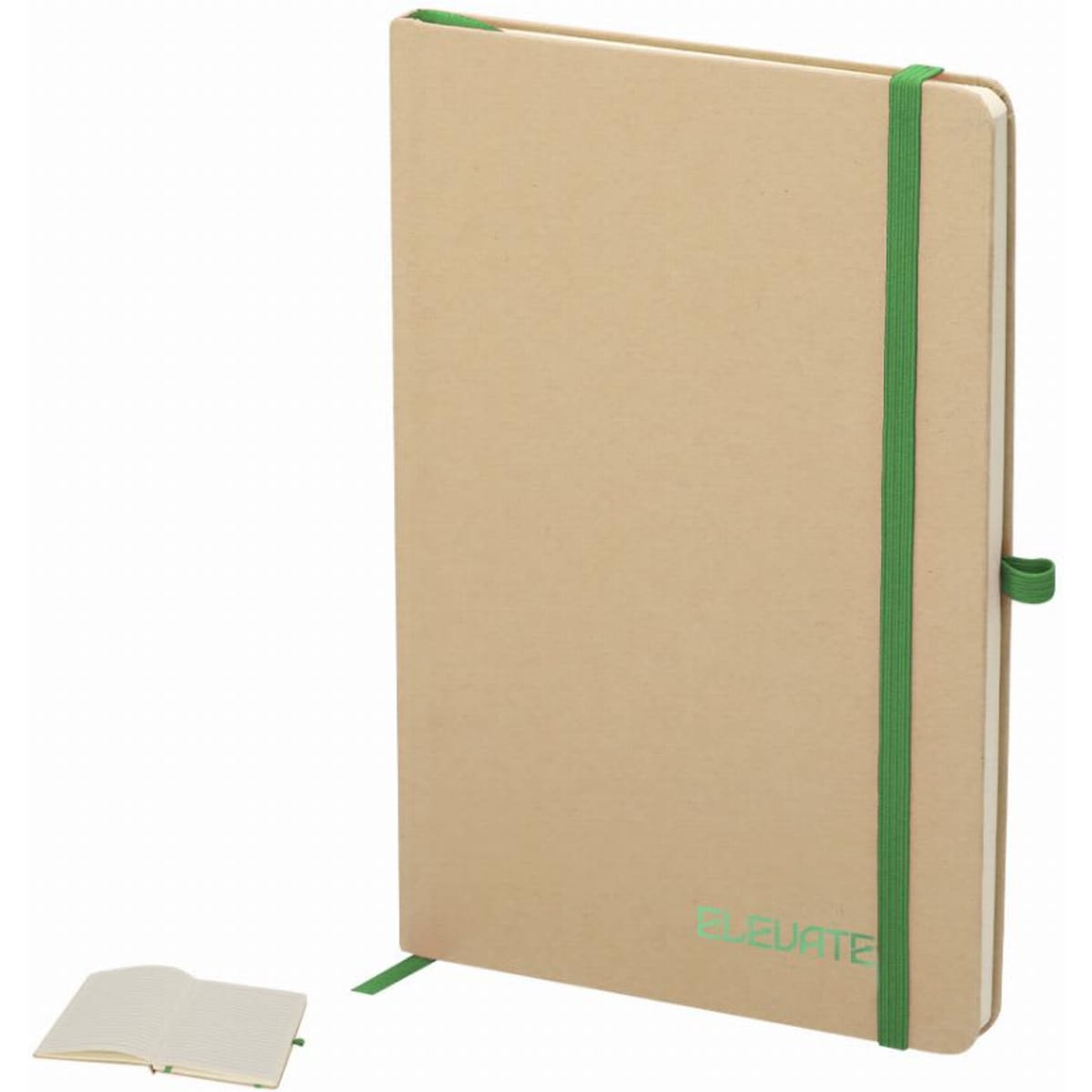 A notebook with a kraft cover, featuring a green elastic band and a smaller notebook beside it. It has a logo on the cover.