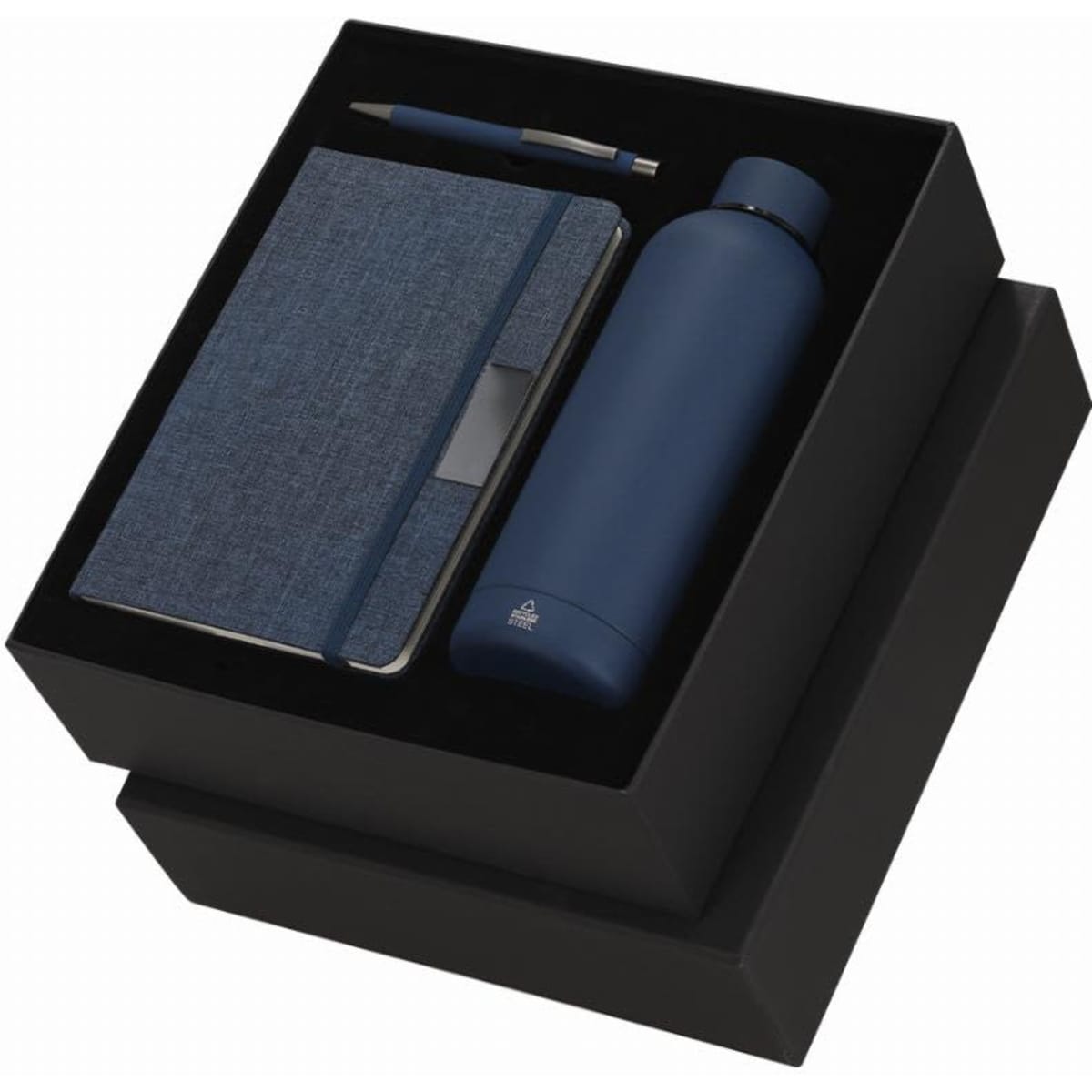 A drink bottle, a notebook, and a pen arranged in a black box, featuring a blue colour scheme.