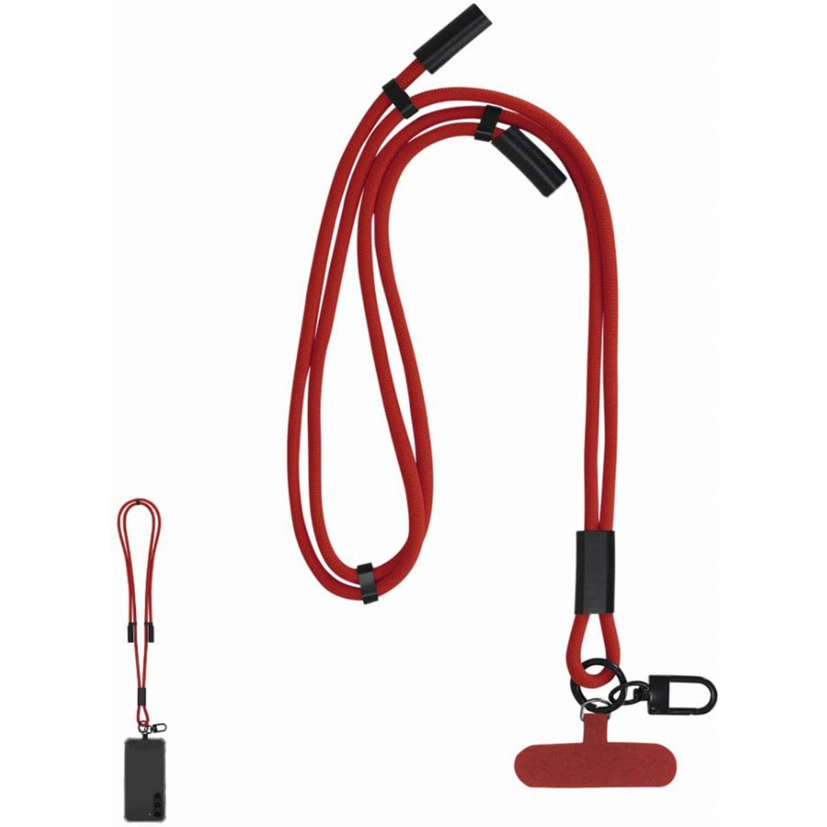 A red lanyard with a clip and adjustable slider, designed for holding ID cards or small items.