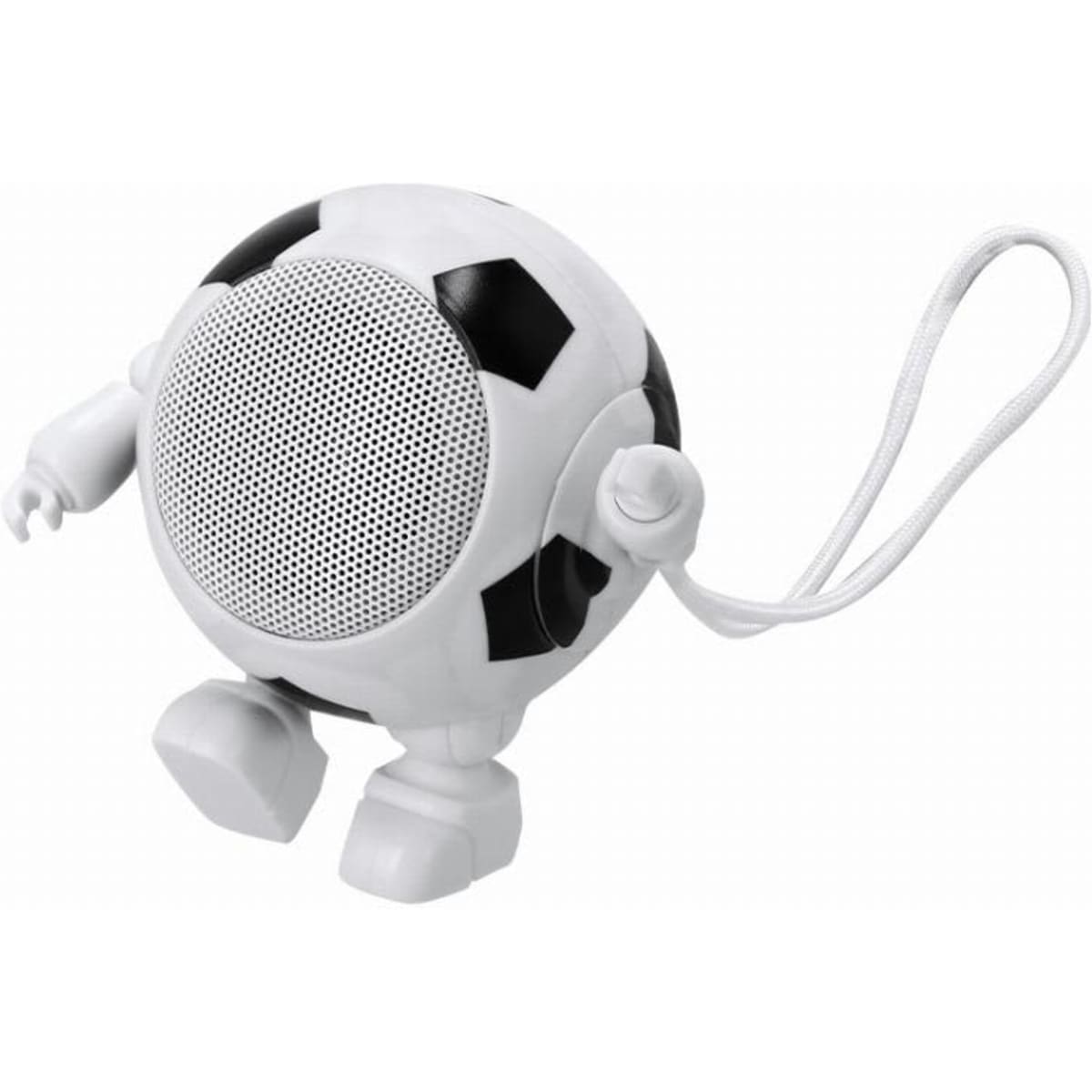 A soccer ball-shaped speaker in black and white with arms, legs, and a wrist strap. It features a mesh speaker grill.
