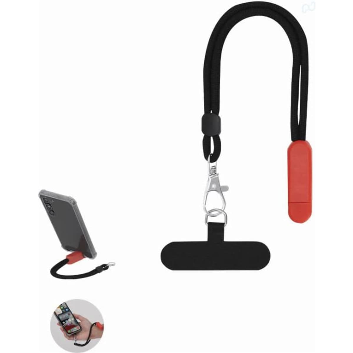 A black and red phone holder with a lanyard attachment and a clip, designed for convenience and accessibility.