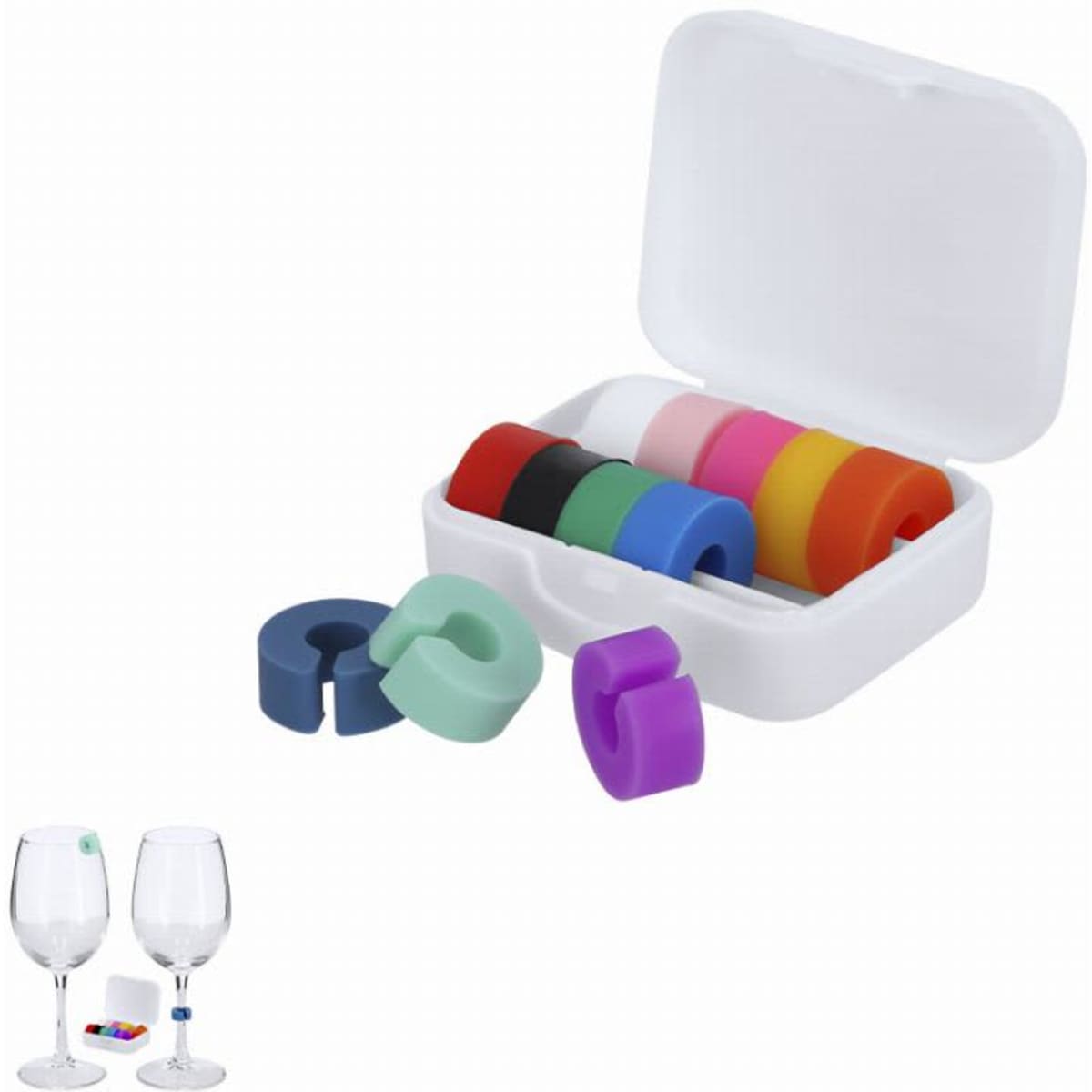 A set of colourful silicone wine glass markers in a white case, including various shapes and shades.