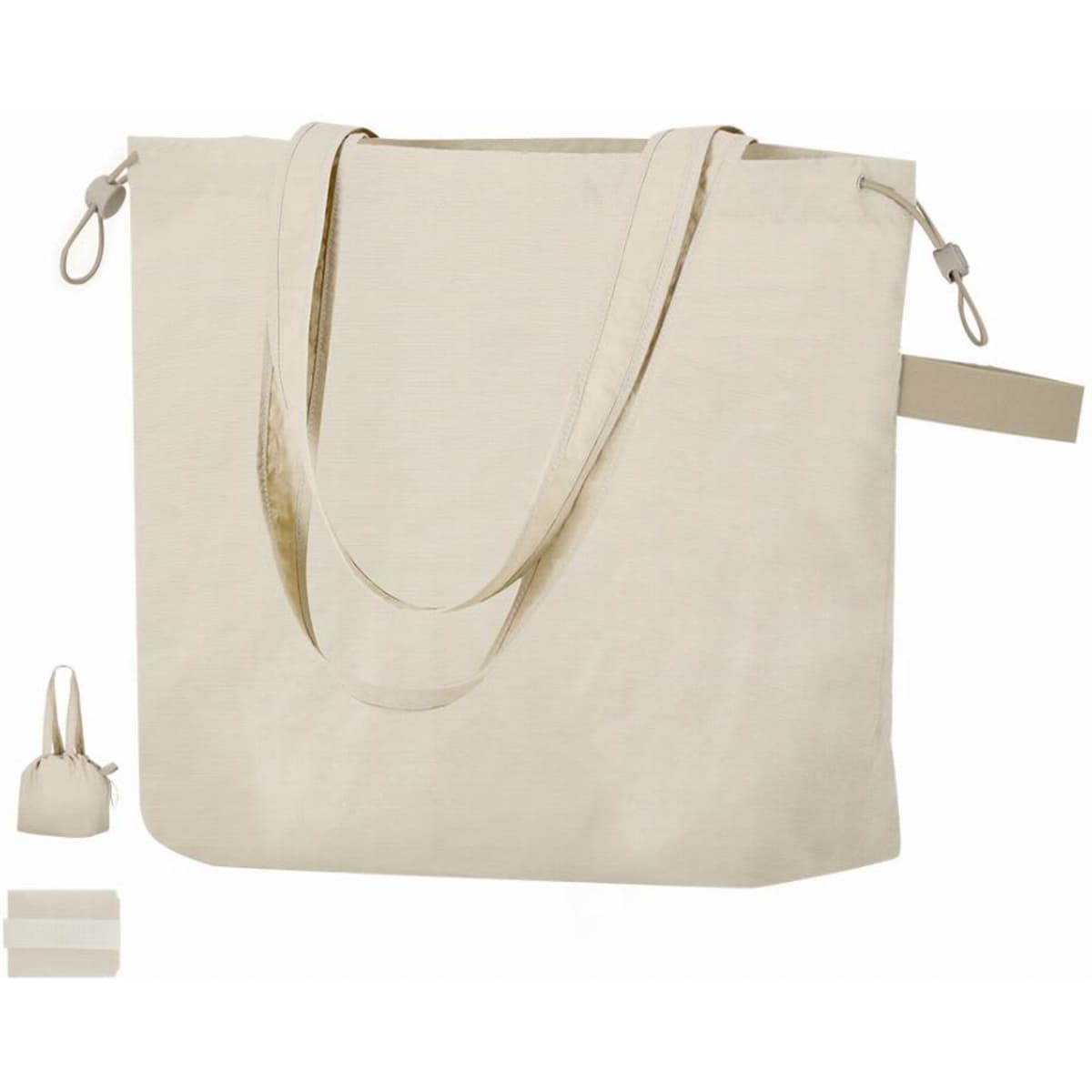 A tote bag in cream with long handles, featuring a small foldable pouch for compact storage.
