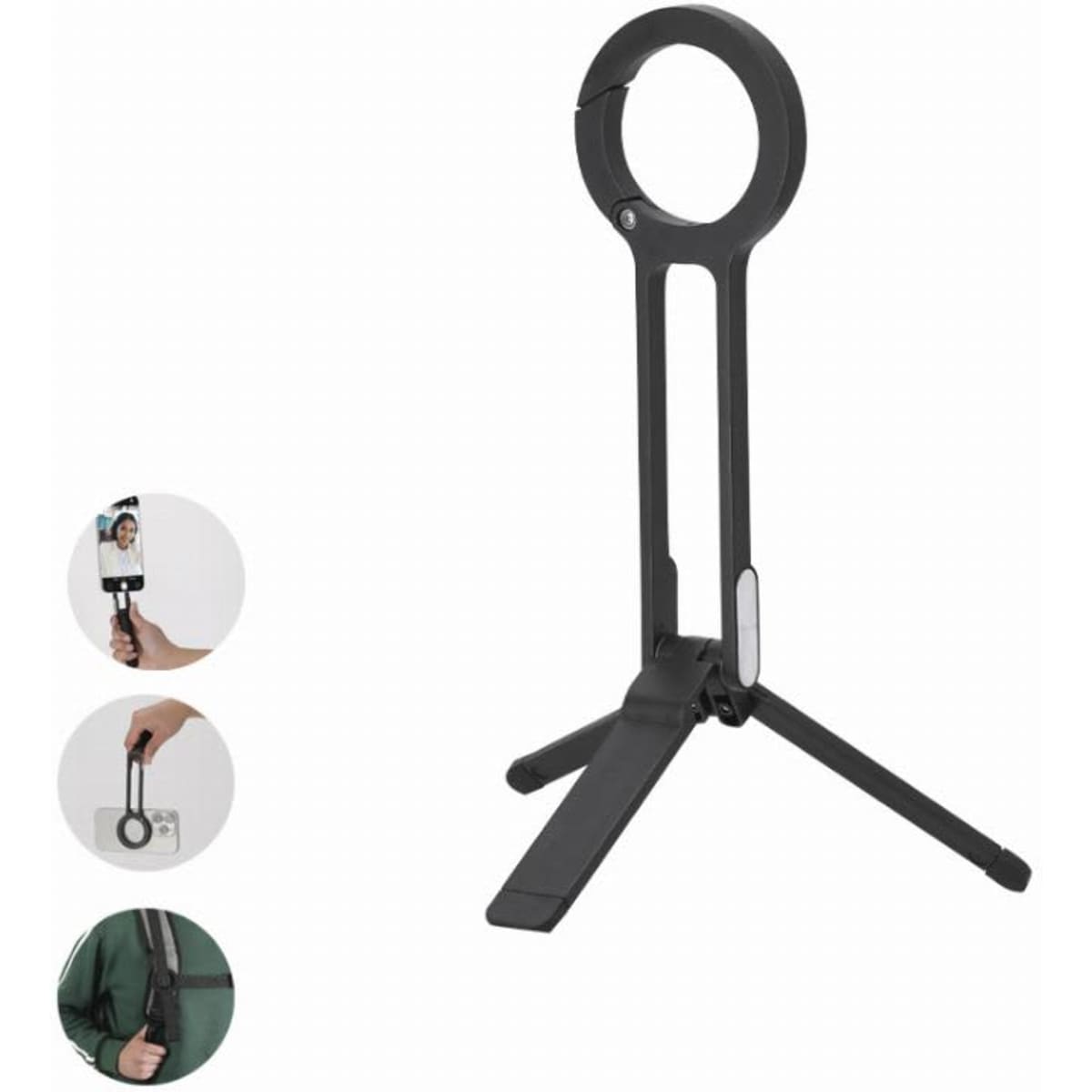 A phone holder stand in black, featuring a round clip and tripod legs for stability and adjustable angles.