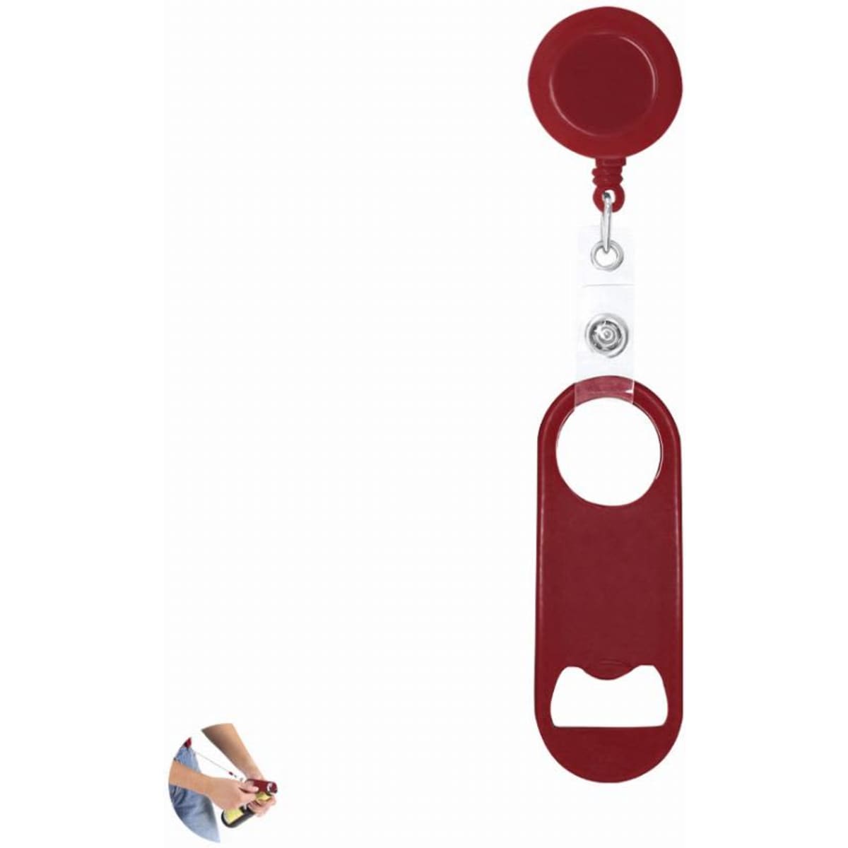 A bottle opener with a retractable cord, featuring a red colour and a circular top with a logo.