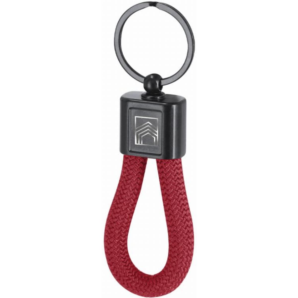 A keyring featuring a black and red braided design and a round attachment ring. It includes a small logo.