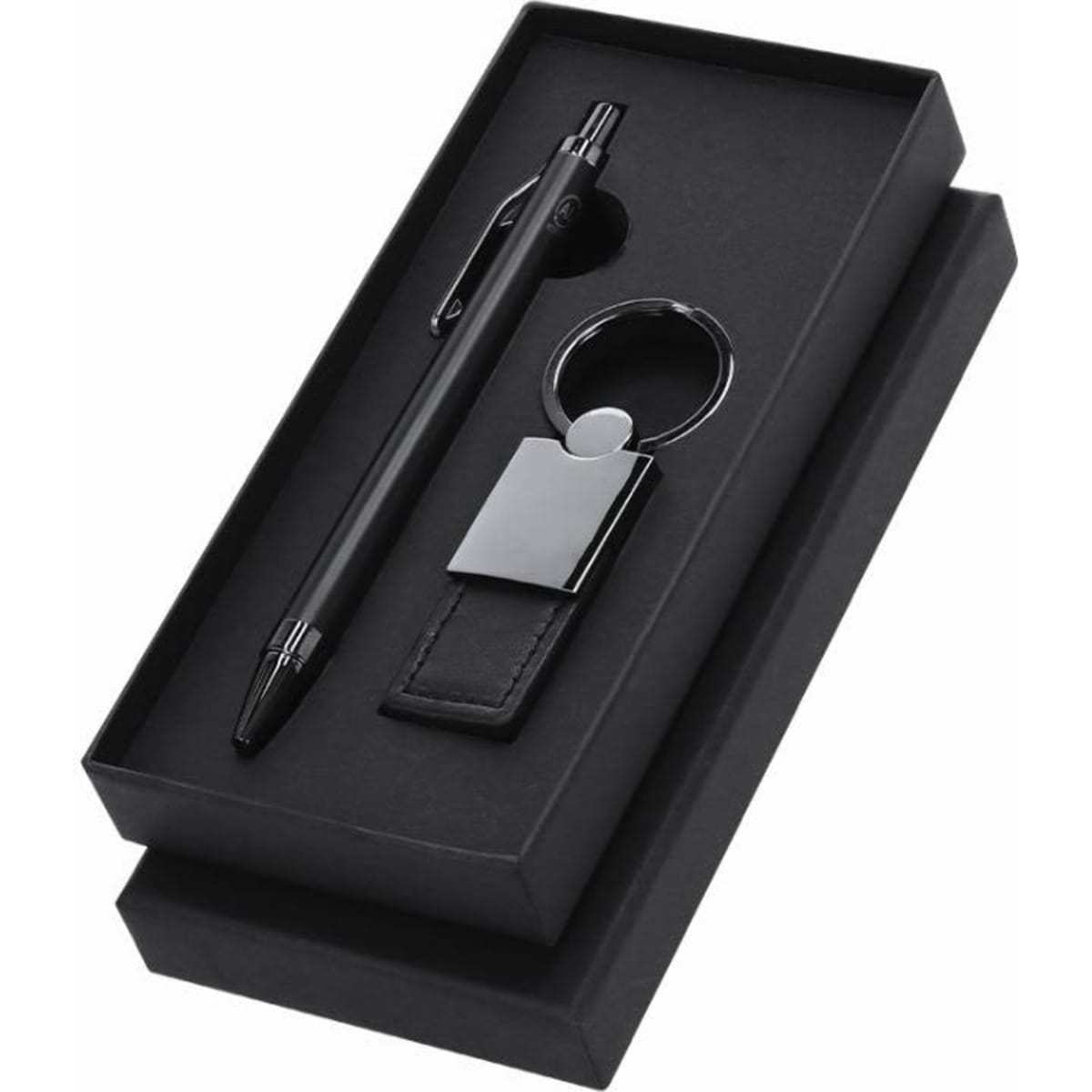 A gift set featuring a black pen, keyring, and leather tag, presented in a black box.