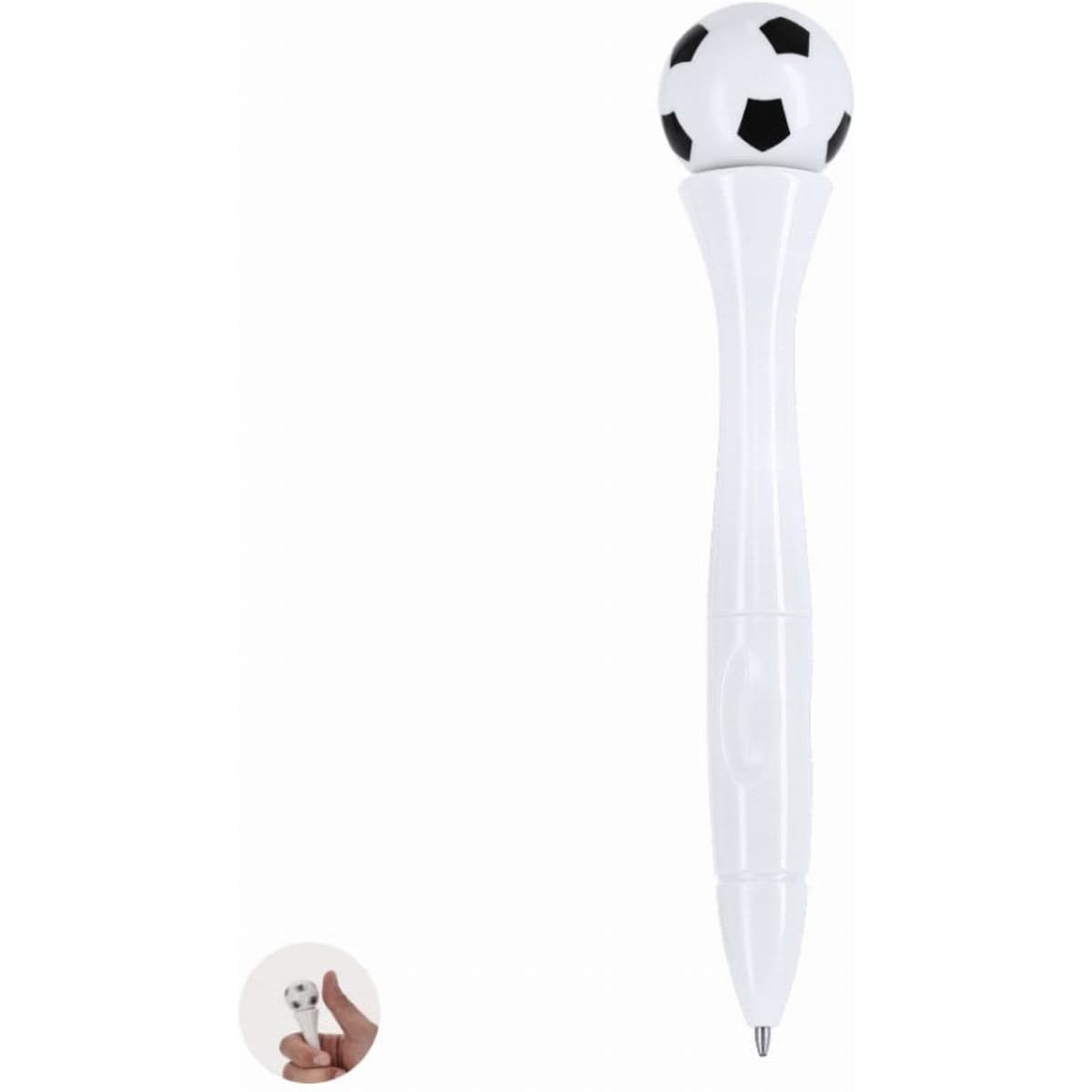 A pen featuring a white body topped with a black and white soccer ball. It includes a logo on the side.