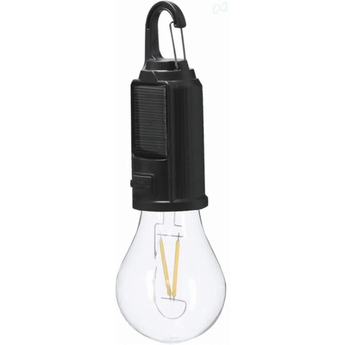 A light bulb with a black hook and base, featuring a clear glass design and visible filaments inside.