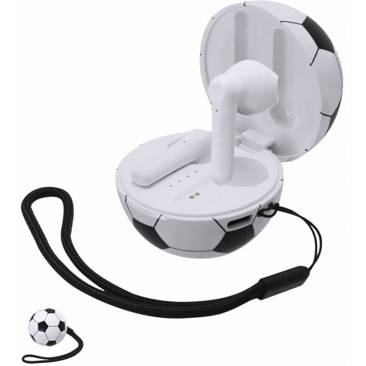 A wireless earbud case designed like a soccer ball, featuring white and black colours with a matching strap.
