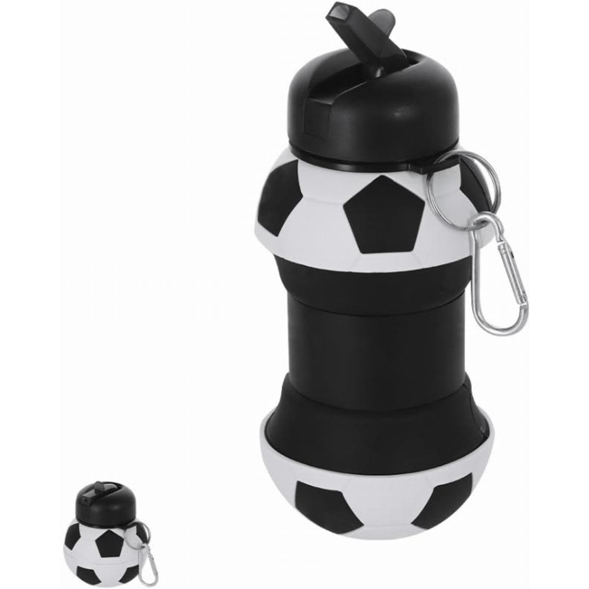 A drink bottle designed to look like a soccer ball, predominantly black and white, with a black spout and a carabiner.