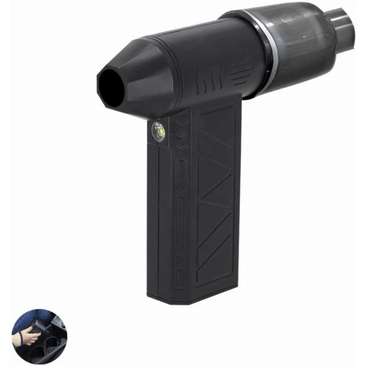 A black handheld tool with a nozzle and a built-in light, featuring a textured grip and an abstract design.