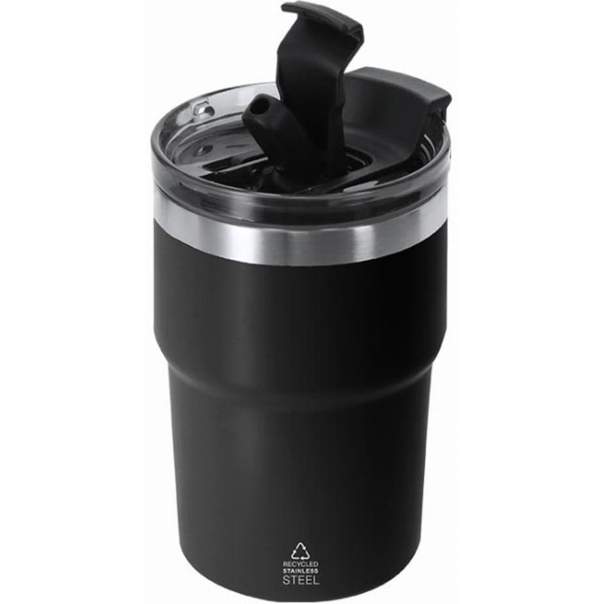 A drink bottle in matte black with a silver band and a flip-top lid, made from recycled stainless steel.