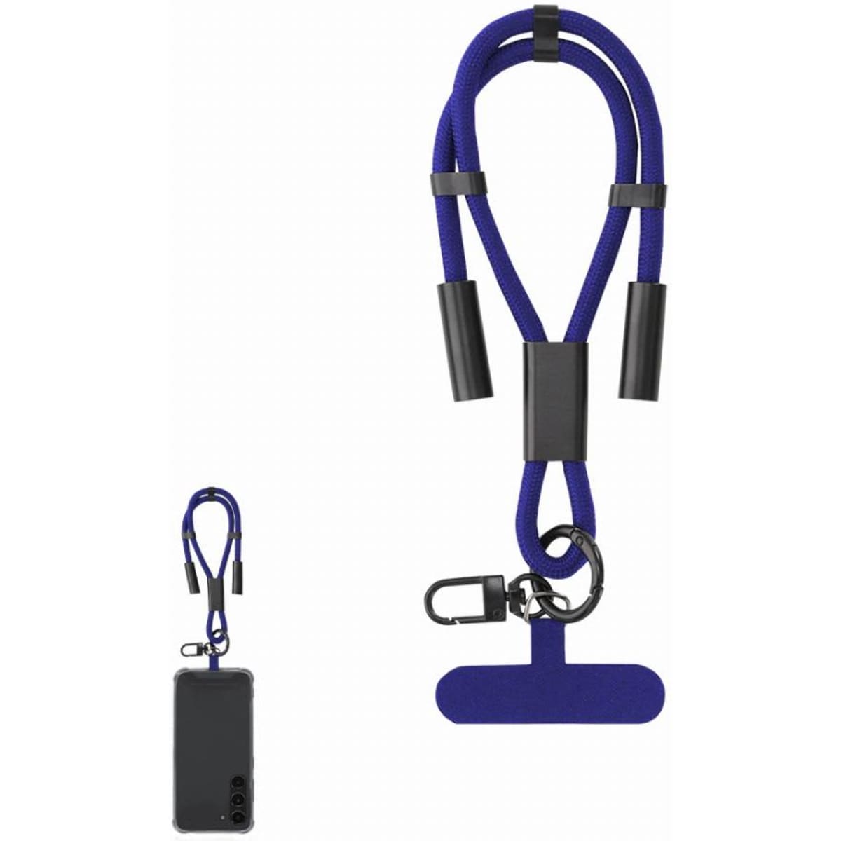 A blue drink bottle holder with a flexible strap and carabiner clip, featuring a sleek design and two black grips.