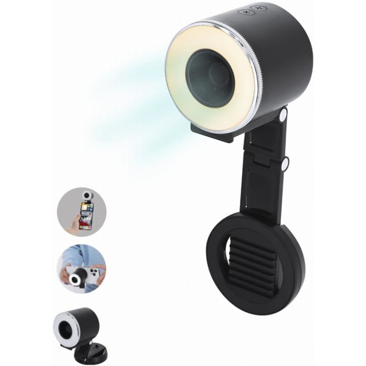 A clip-on light featuring a black design with a circular lens and adjustable brightness. Includes a mount for stability.