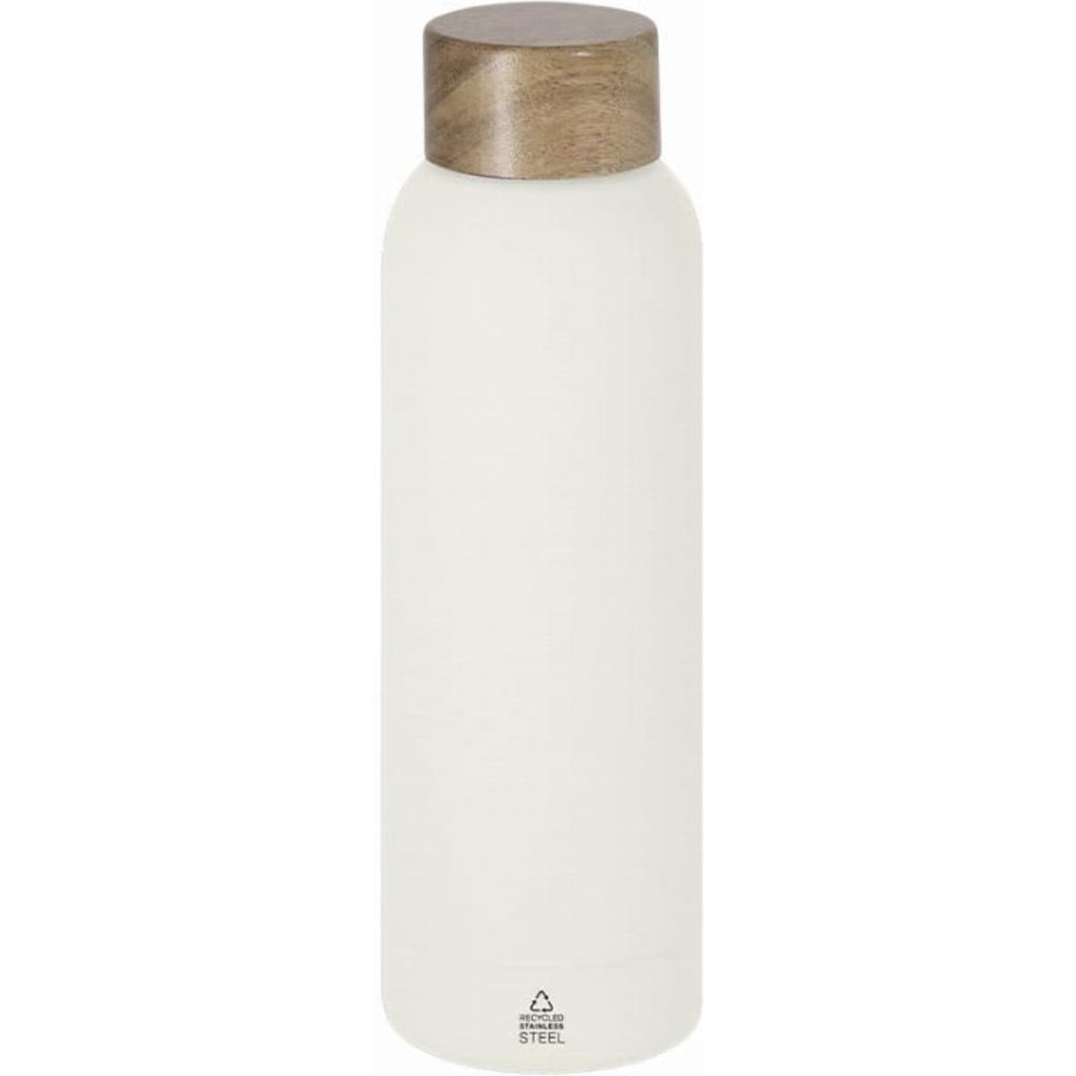 A drink bottle in white with a wooden cap, featuring a sleek, modern design and a branding logo.