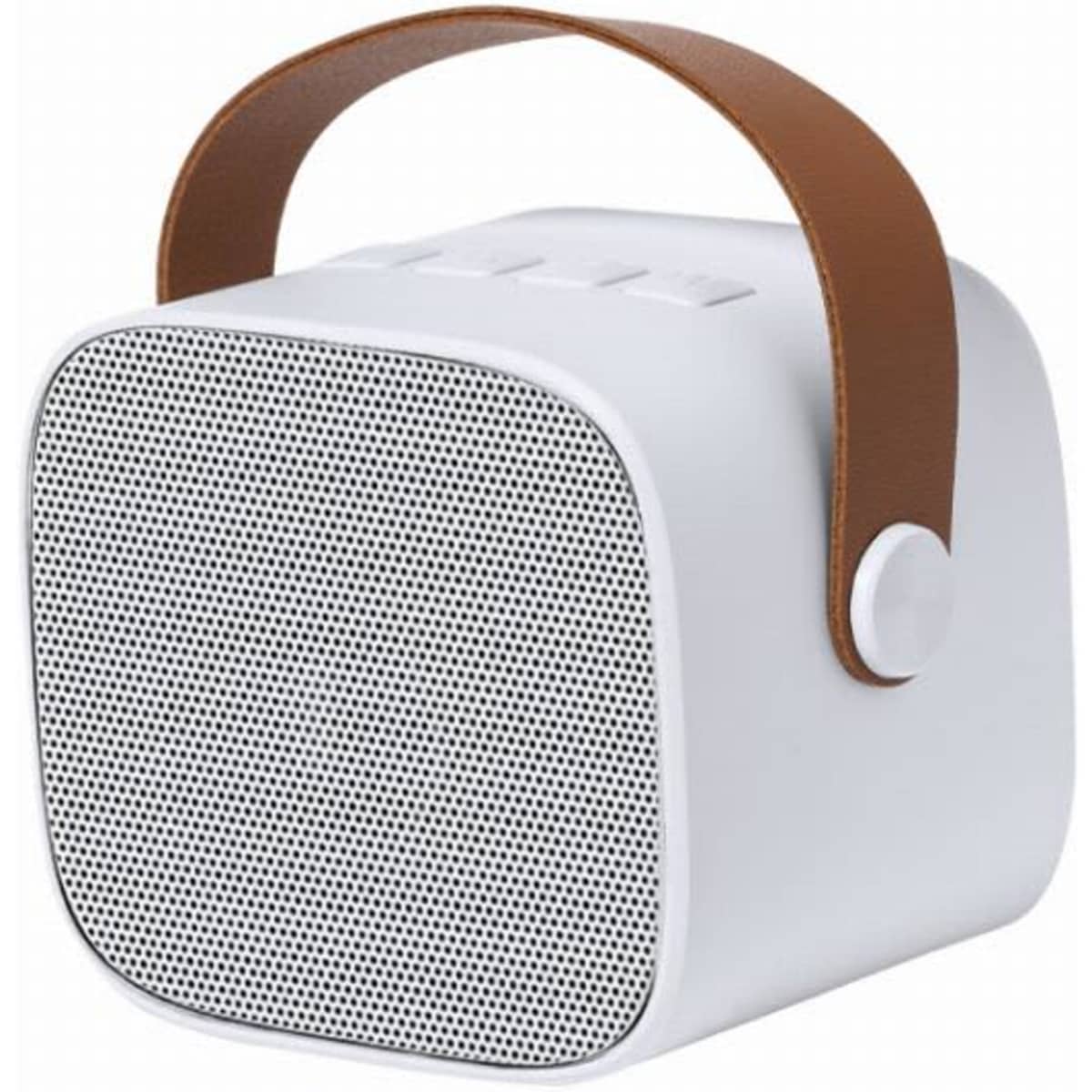 A portable speaker in white with a brown leather handle, featuring a grid speaker mesh on the front.