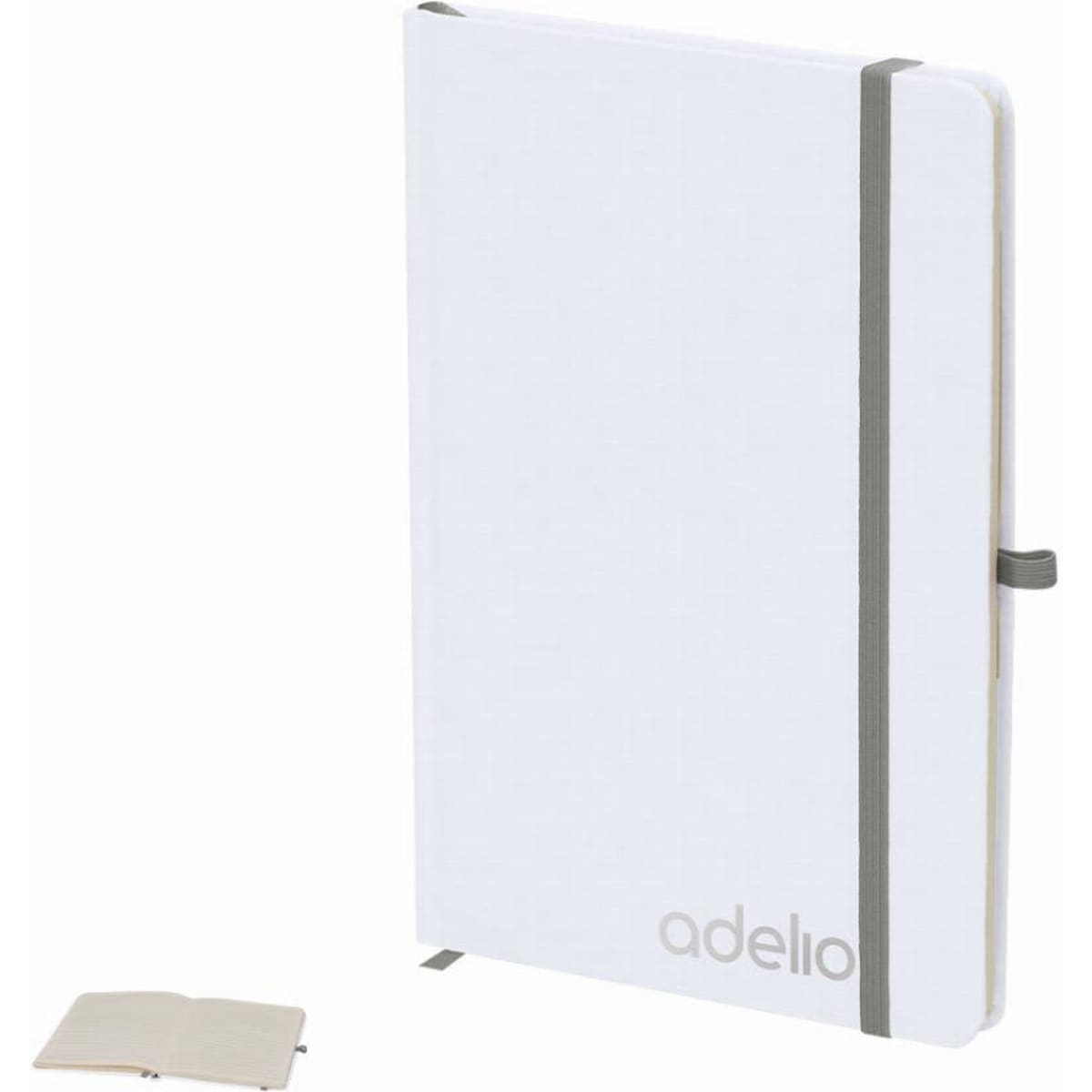 A notebook with a white cover and grey elastic band, featuring a small insert notebook alongside it.