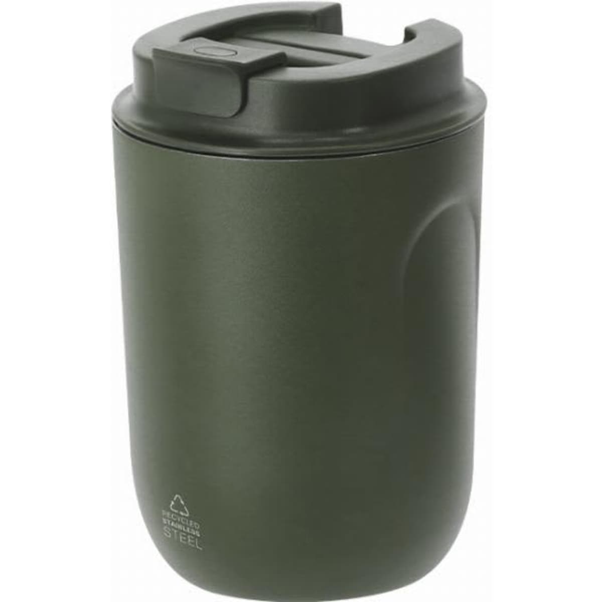 A drink bottle in olive green with a secure lid and a sleek design. It features a branding logo.