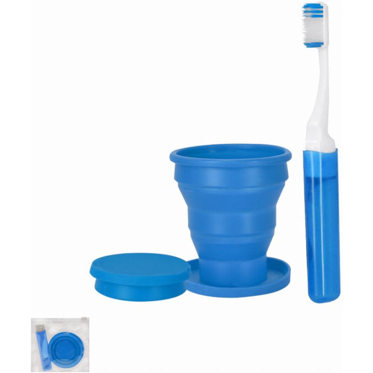 A drink bottle in blue with a collapsible design and a toothbrush alongside it, featuring a logo.