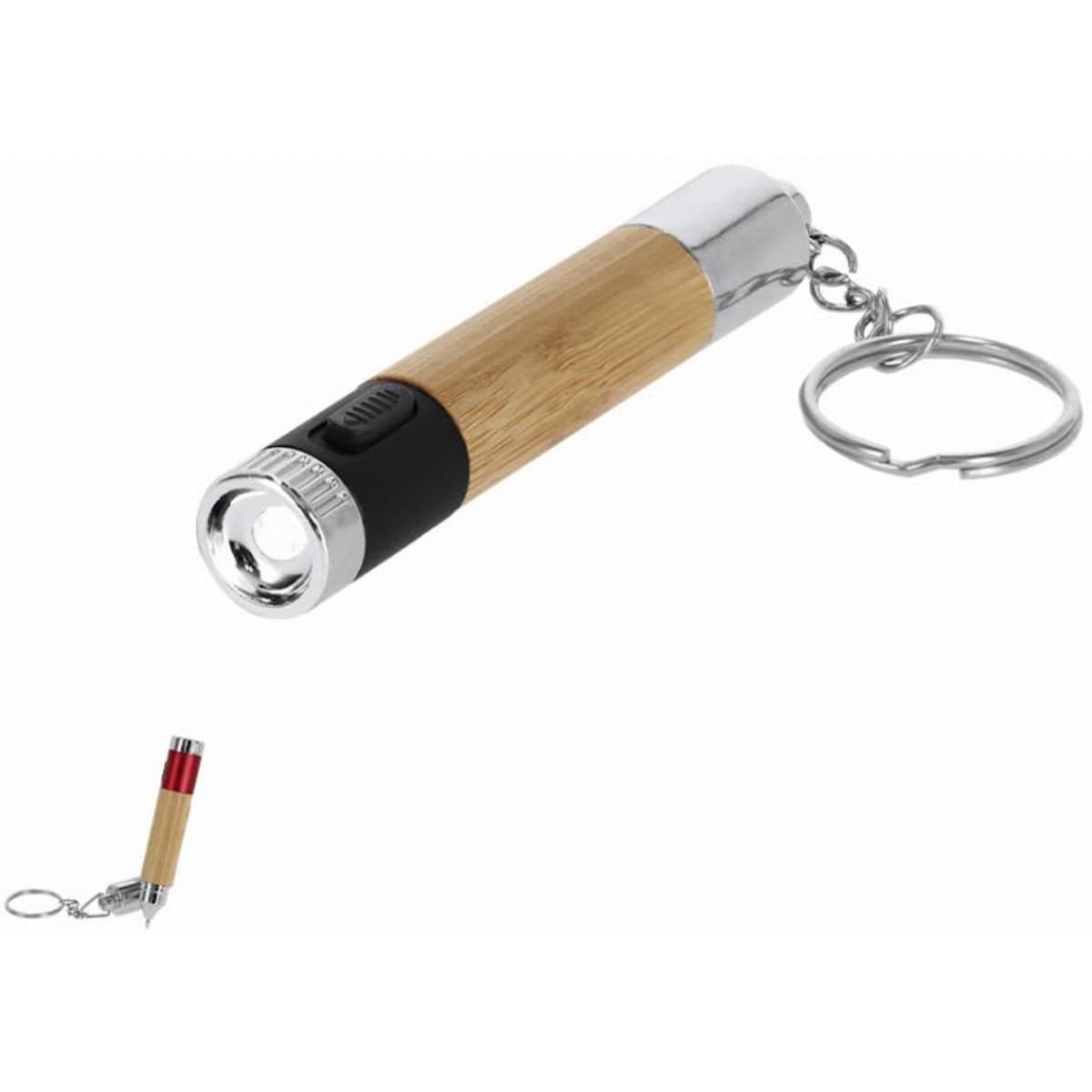 A keychain torch with a bamboo body, silver metal accents, and a black grip. Features a key ring attachment.