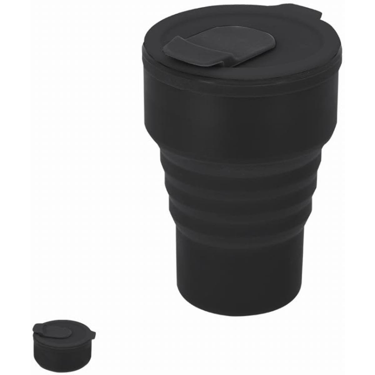 A black collapsible drink bottle with a lid, featuring a logo and a separate cap.