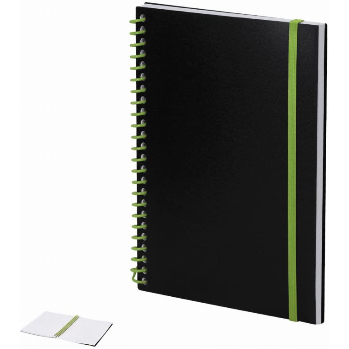 A black spiral-bound notebook with a green elastic band. It is accompanied by a smaller notebook lying beside it.