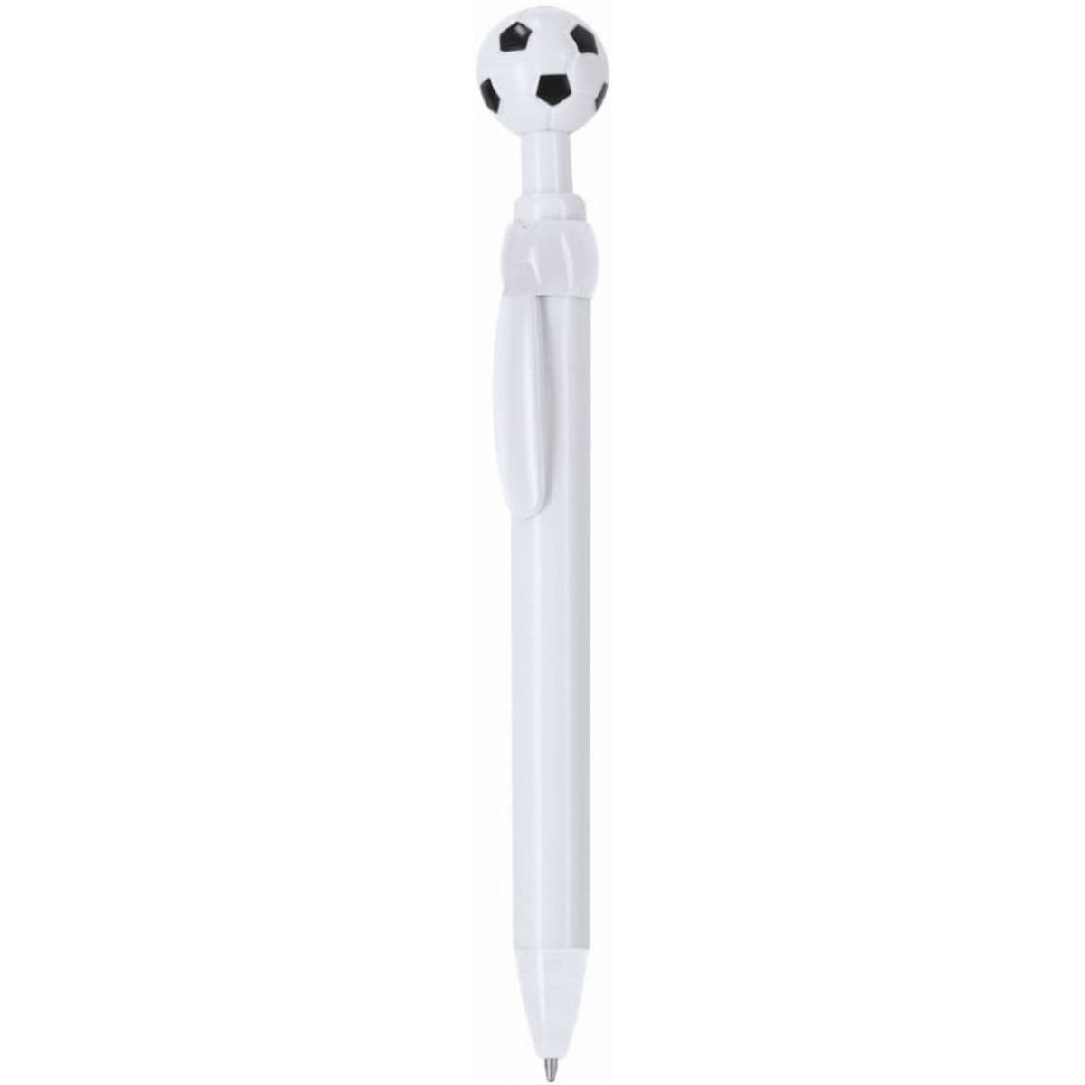A pen with a white body and a black and white soccer ball-shaped top, featuring a clip for easy attachment.