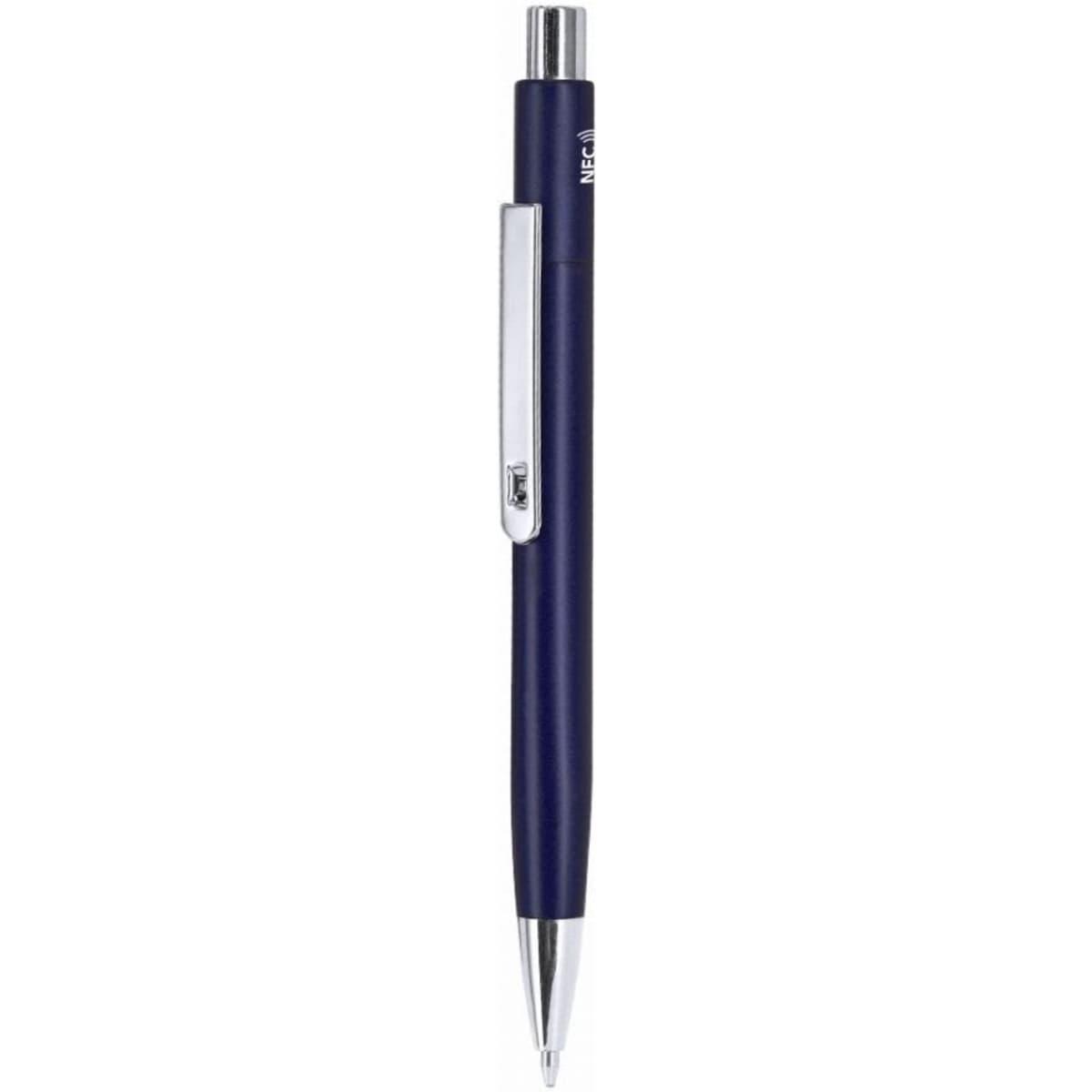A blue pen with a silver clip and tip, featuring a simple design and smooth finish.