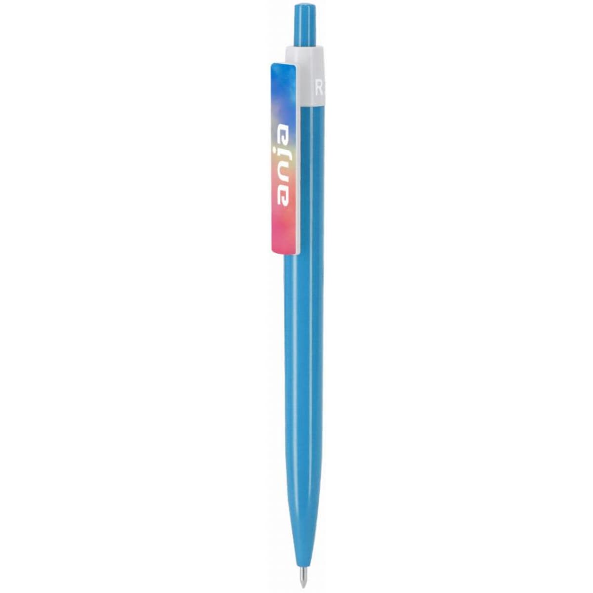 A blue pen featuring a glossy finish and a logo on the side.