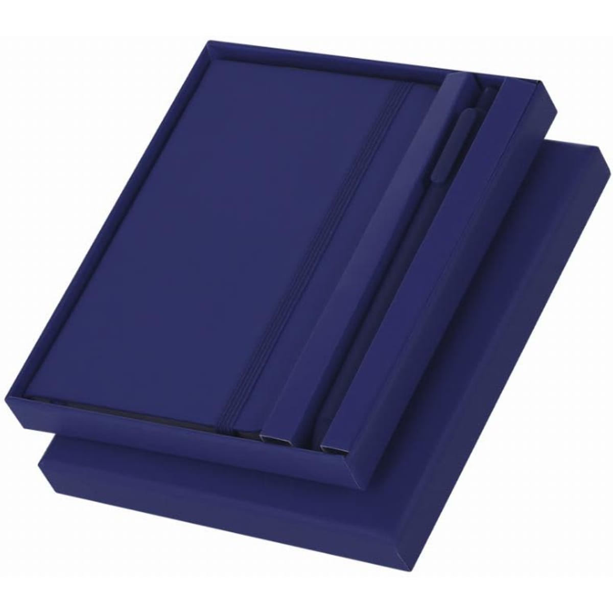 A notebook and pen set in a deep navy blue, presented in a matching box with a branding logo.